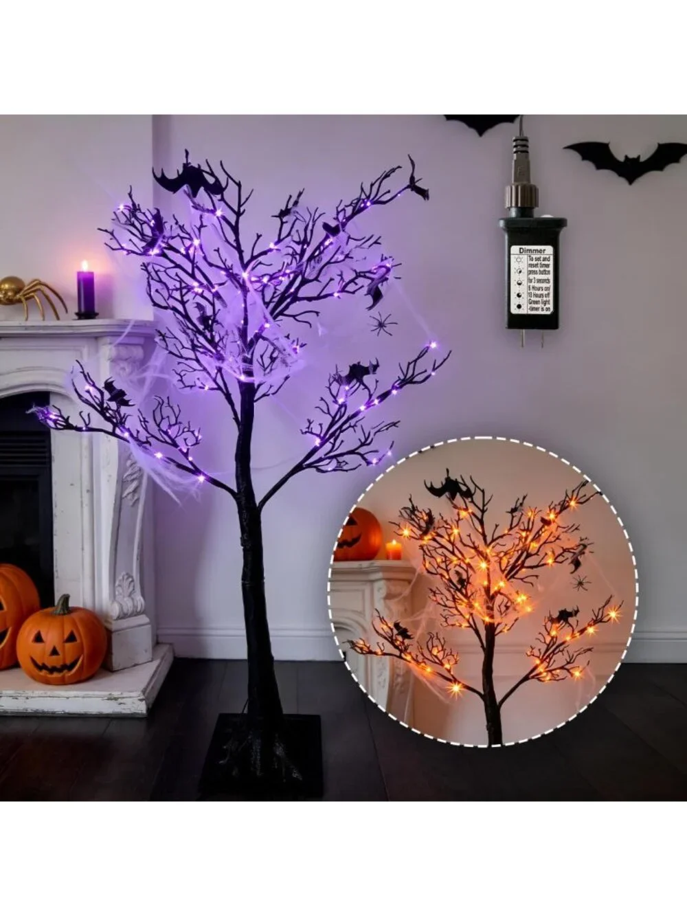 4ft Lighted Black Halloween Tree with 150 LED Orange & Purple Lights - Spooky